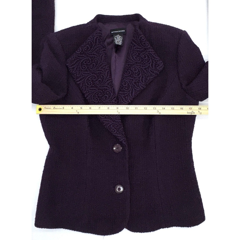 Sutton Studio Purple Boucle Blazer Embroidered Guipure Lace Lapel Women's Sz 10 - Picture 7 of 9